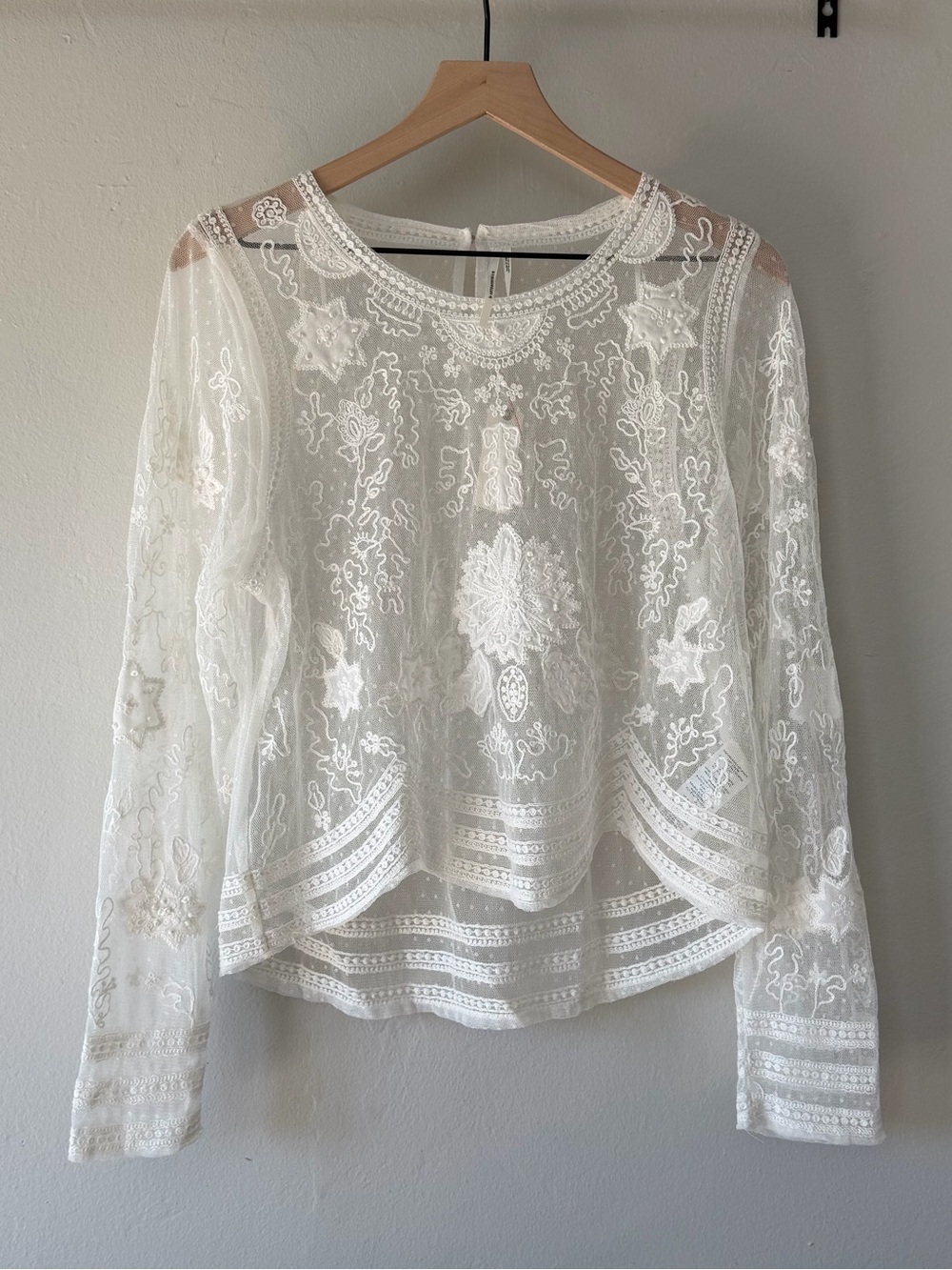 Anthropologie White Sheer Embroidered Long-Sleeve Blouse